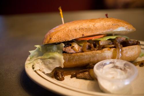 Up close photo of the filet mignon steak sub from CG Burgers.