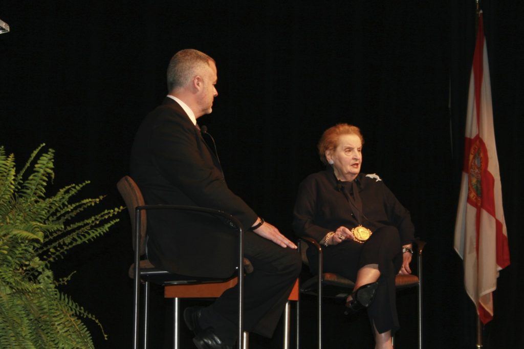 First female secretary Madeleine Albright speaking with students.