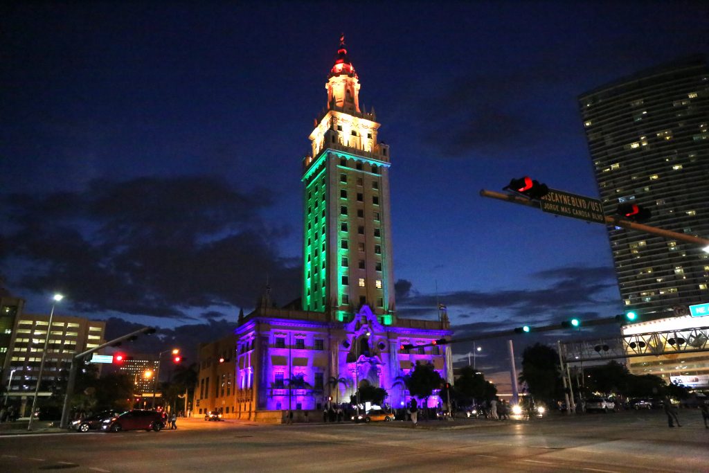The Freedom Tower lighted up in LGBTQI pride colors.