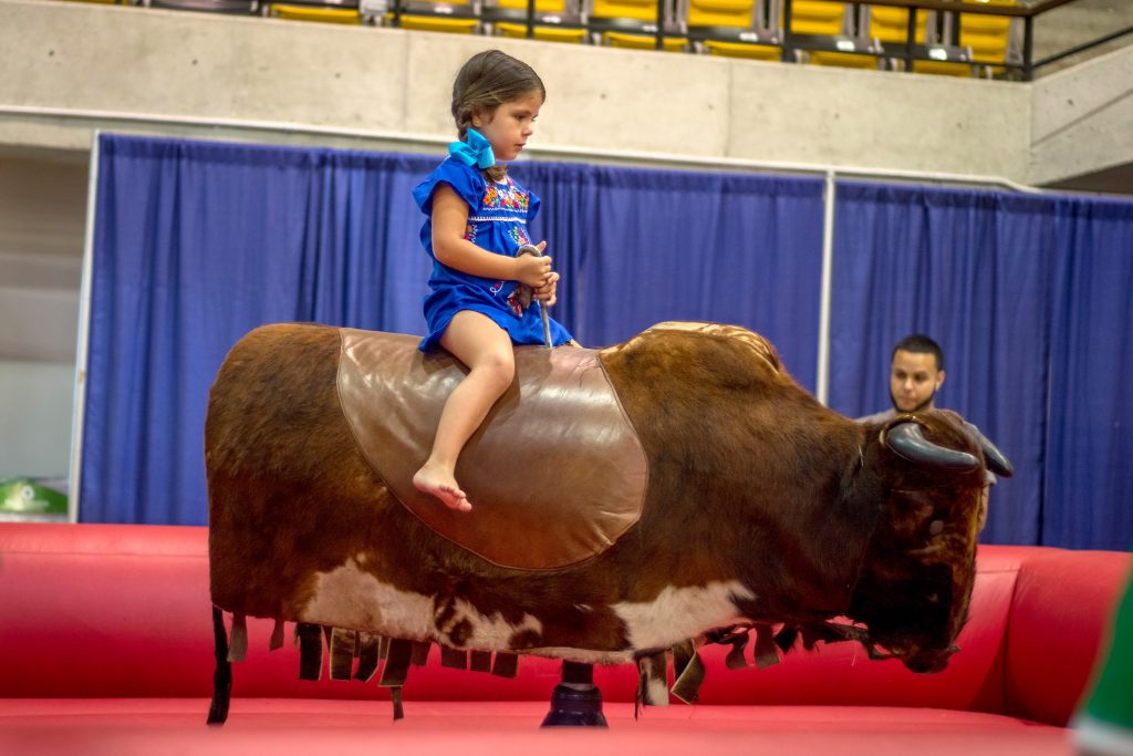 Little girl riding a mechanical bull.