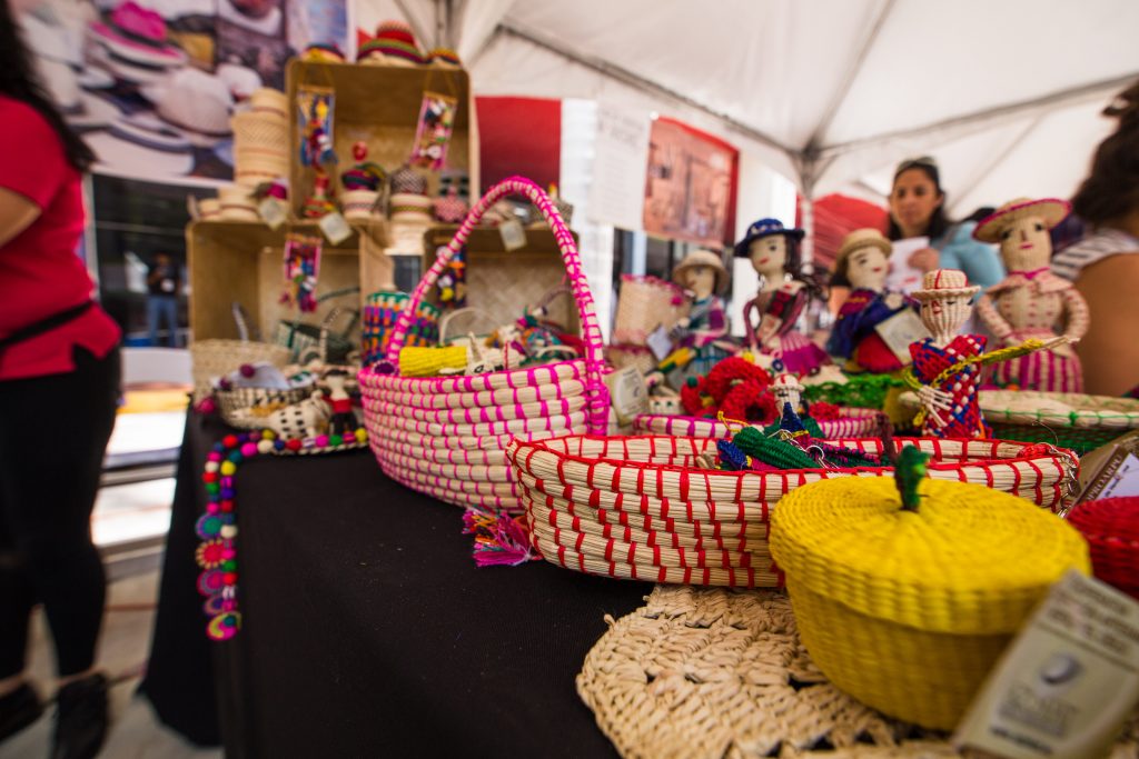 Colorful baskets on display.