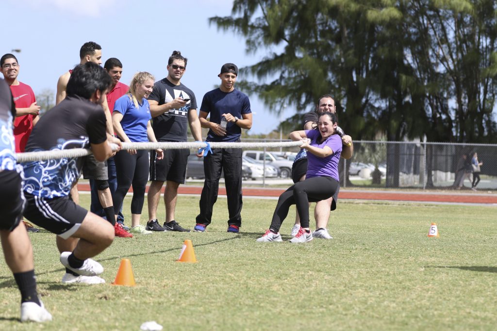 Students face off in a game of tug of war.