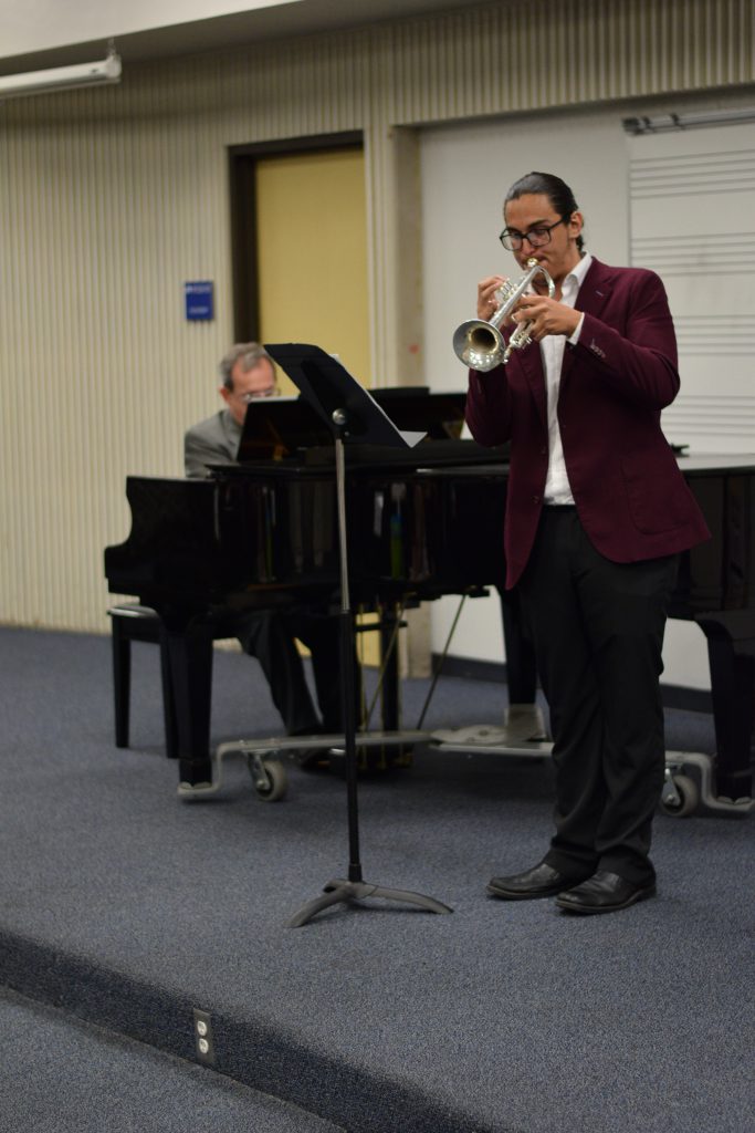 A student playing the trumpet.