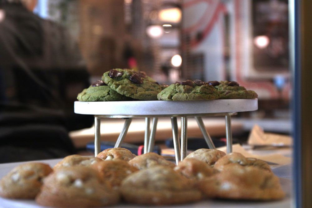 Vegan chocolate chip cookies on display.