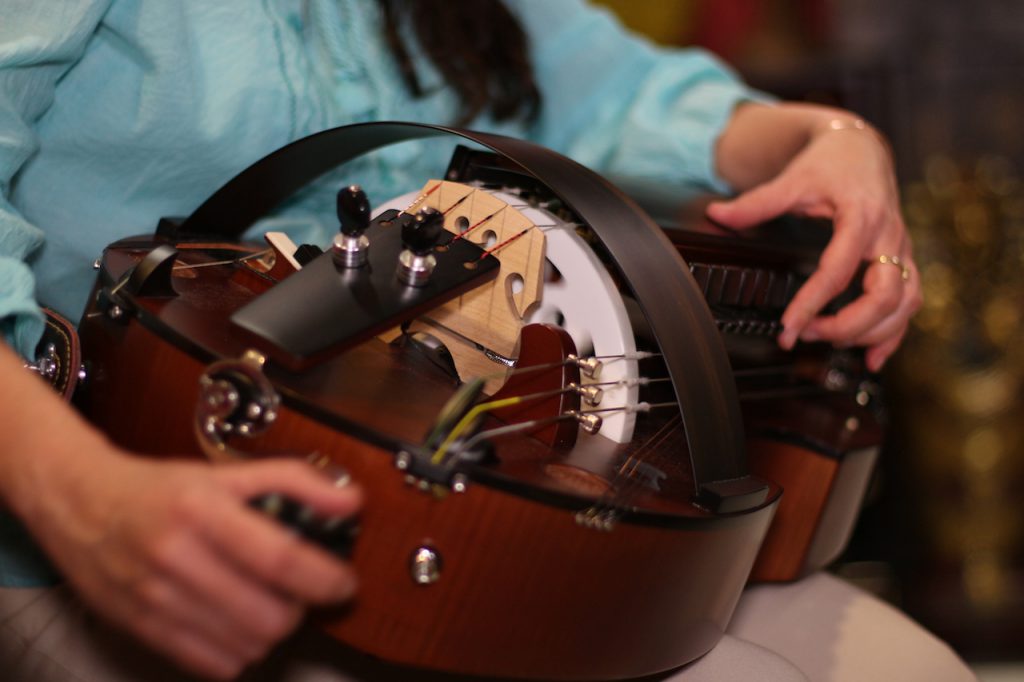 A close-up of the Hurdy-gurdy.